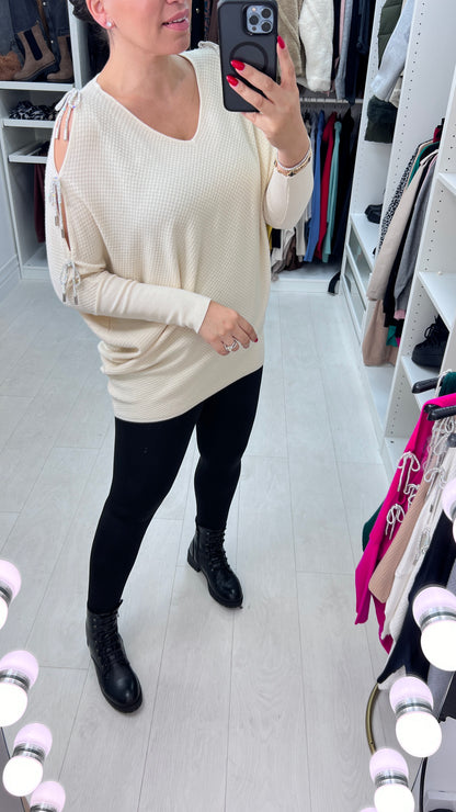 Adria Cold Shoulder Metallic Diamante Bow Jumper