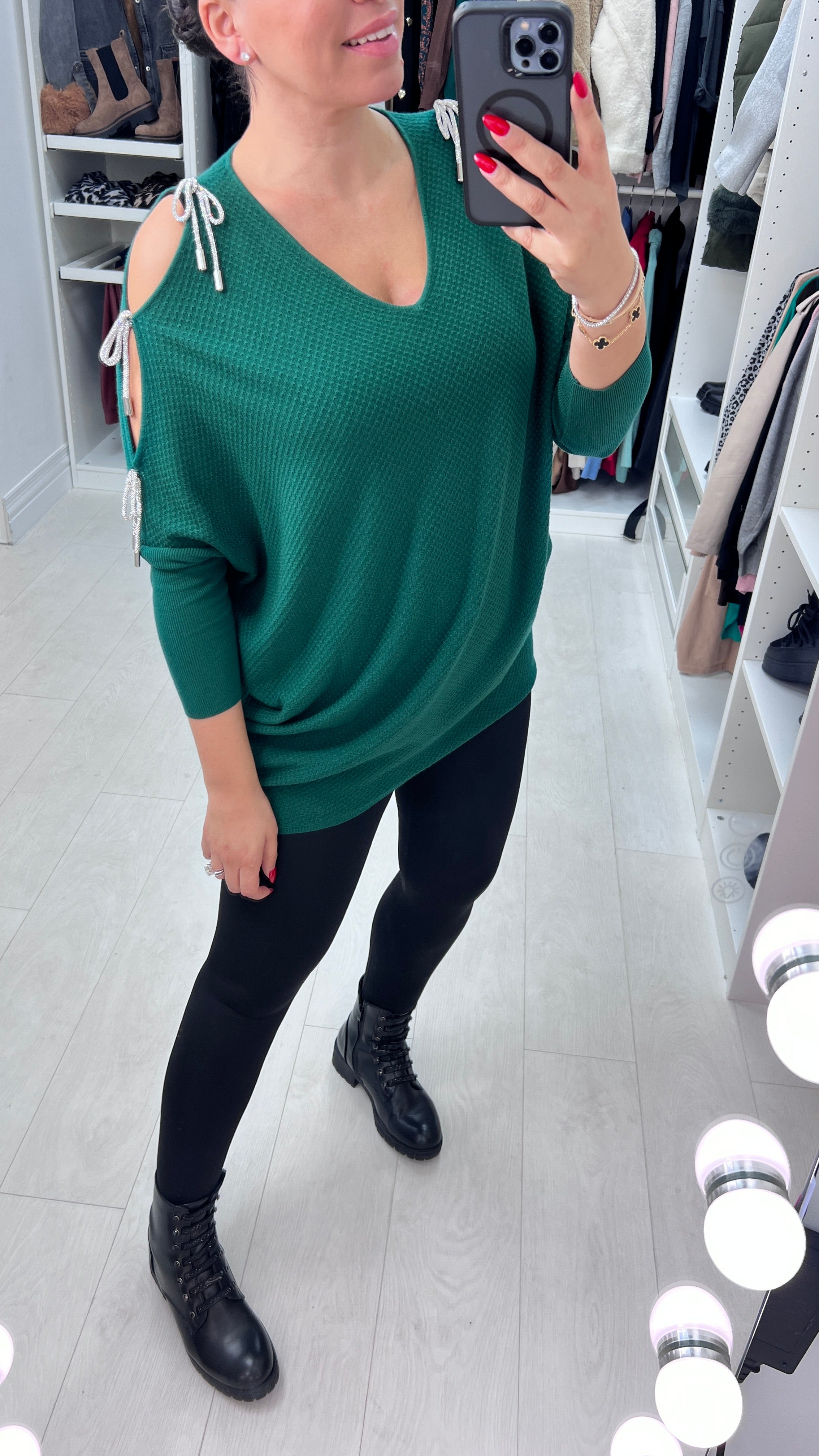 Adria Cold Shoulder Metallic Diamante Bow Jumper