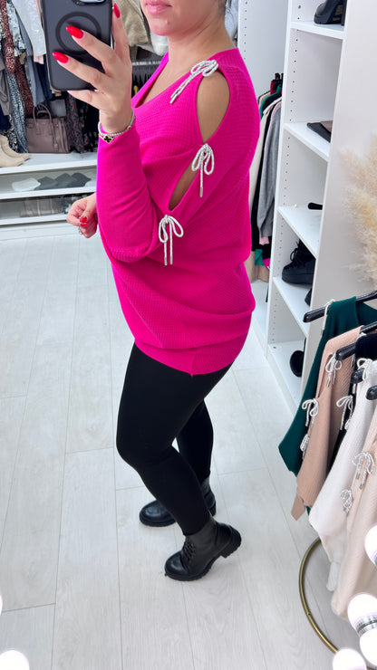 Adria Cold Shoulder Metallic Diamante Bow Jumper