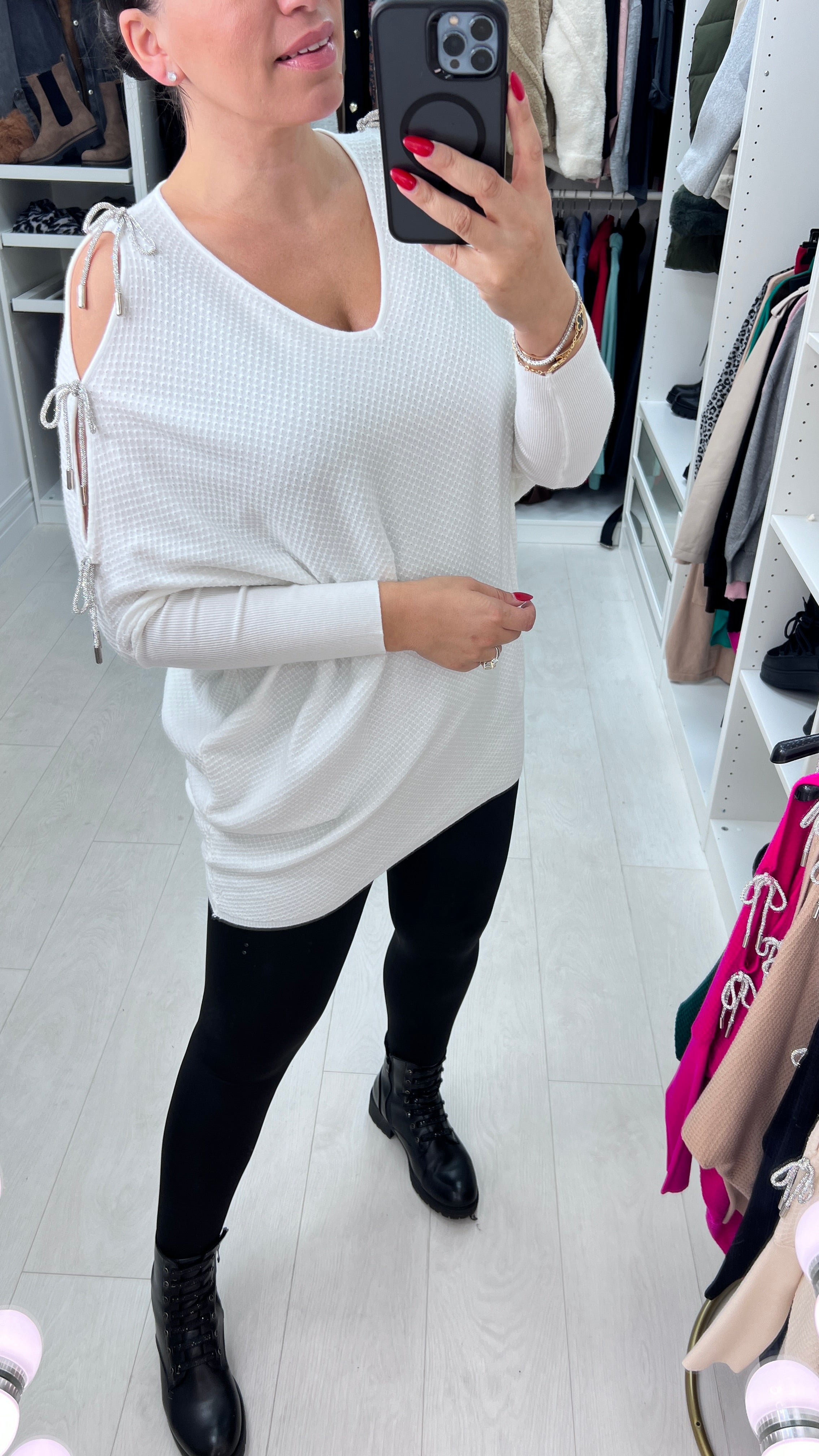 Adria Cold Shoulder Metallic Diamante Bow Jumper