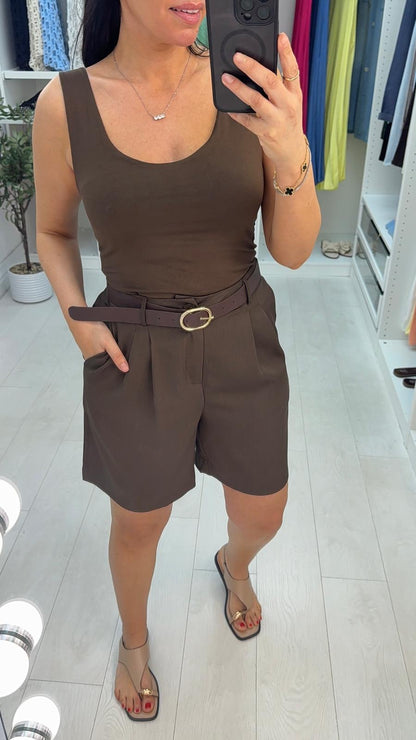 Skyla Plain Belted Crepe Shorts