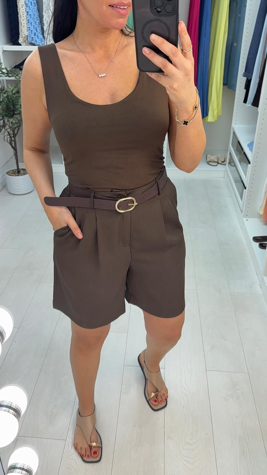 Skyla Plain Belted Crepe Shorts