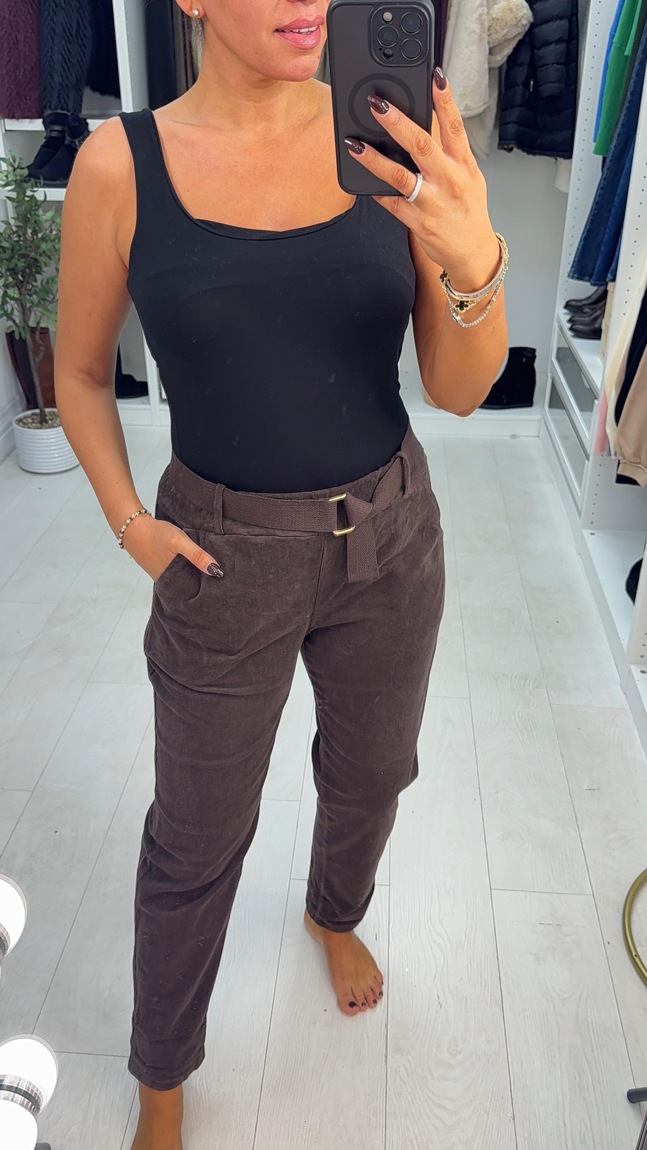 Adrienna Corduroy Elasticated Waist Belted Trousers