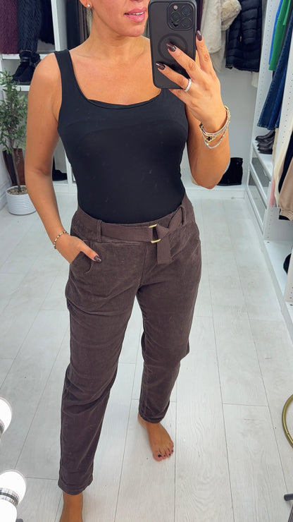 Adrienna Corduroy Elasticated Waist Belted Trousers