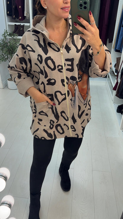 Solene Leopard Print Zip Front Hoodie