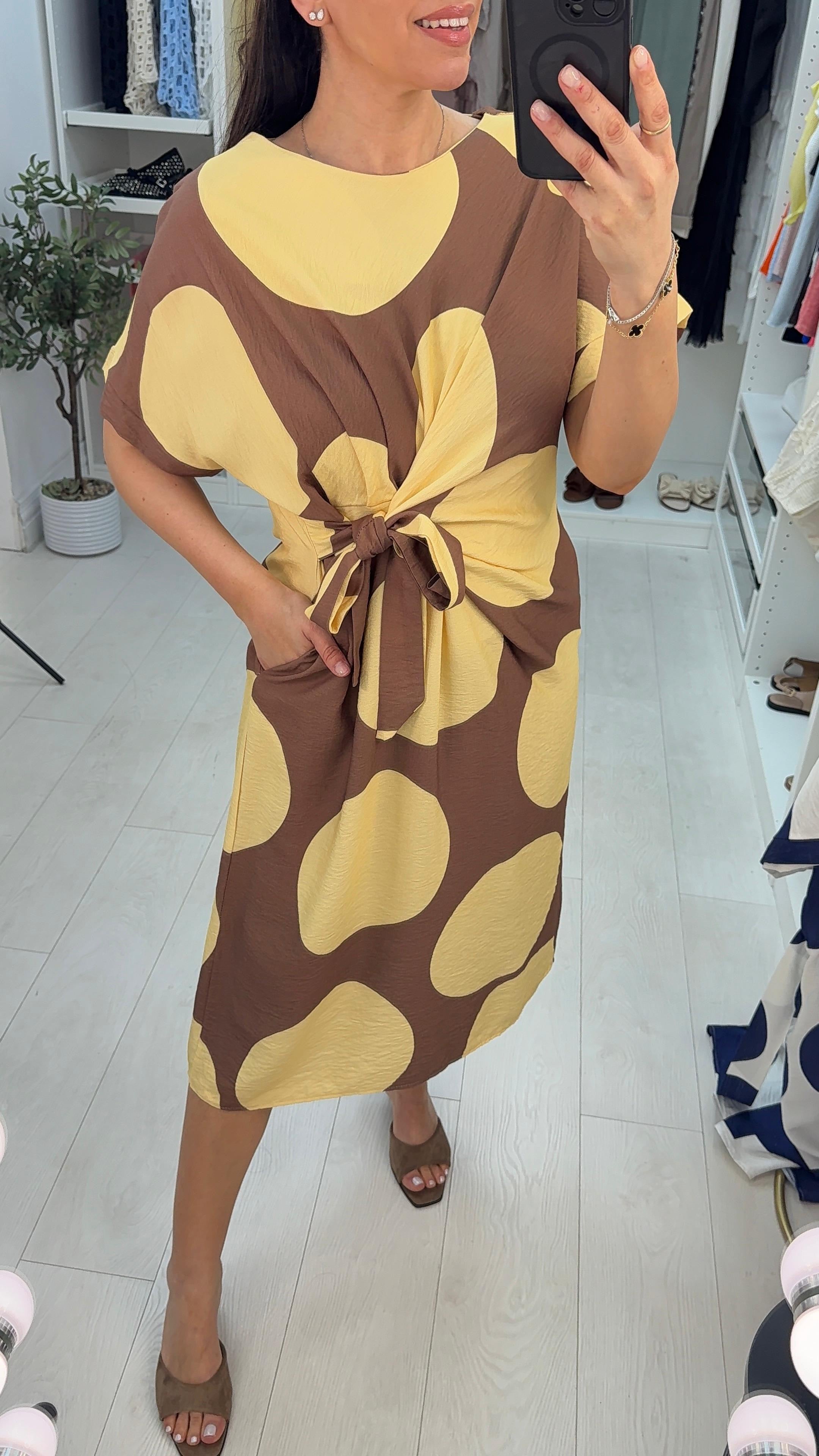 Ryana Polka Dot Tie Side Midi Dress