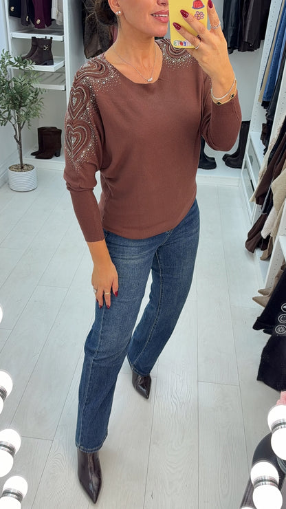 Elvira Plain Embellished Heart Sleeve Jumper