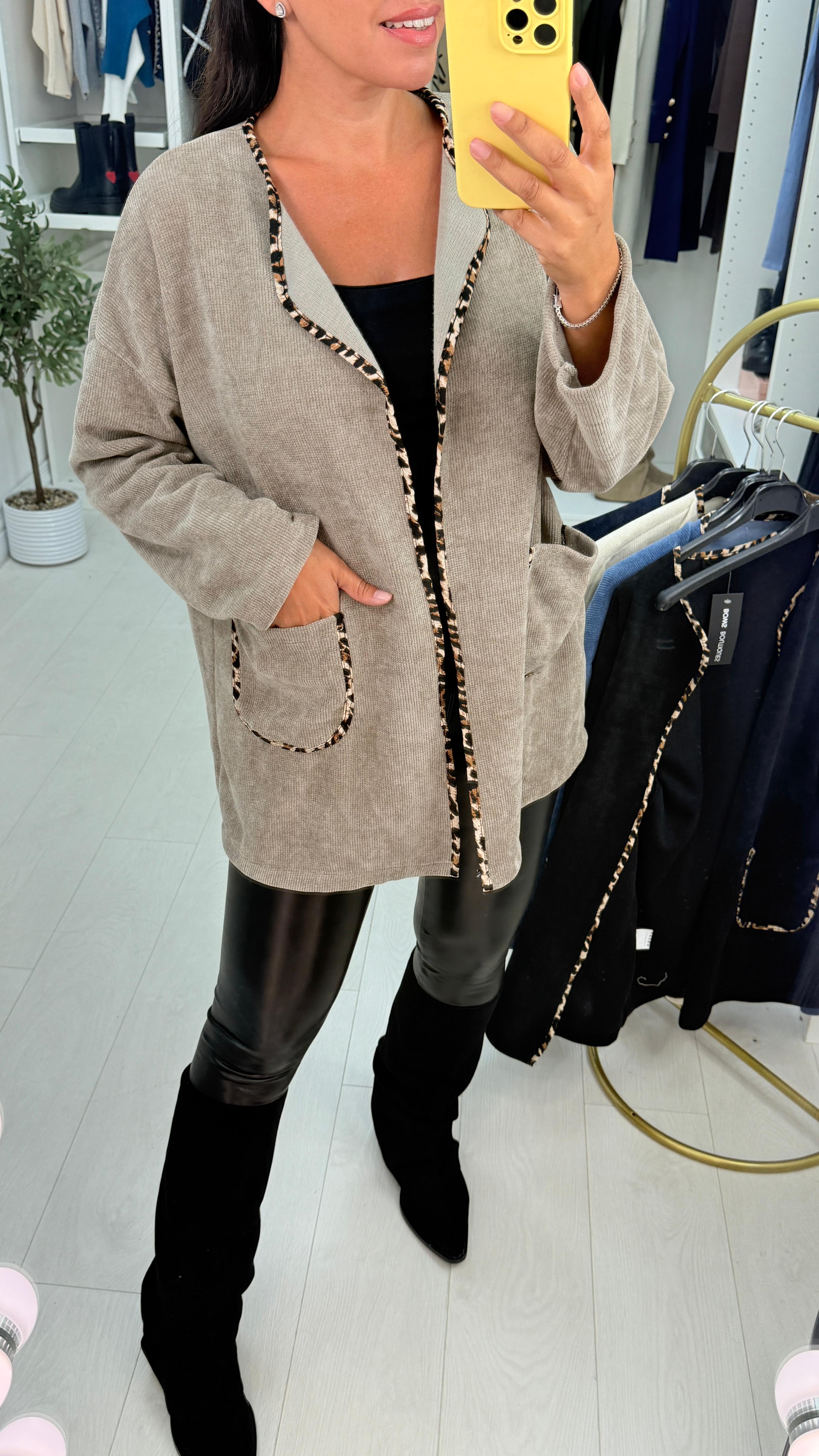 Dani Plain Leopard Print Trim Corduroy Open Front Cardigan