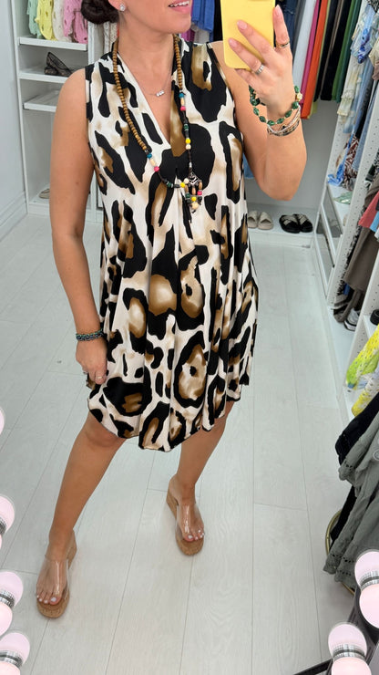 Jayella Leopard Print V Neck Loose Fit Necklace Dress