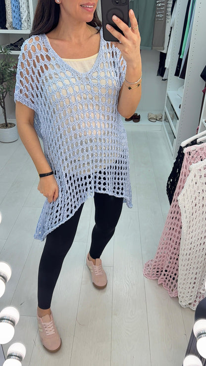 Iyla V Neck Dipped Hem Longline Crochet Top