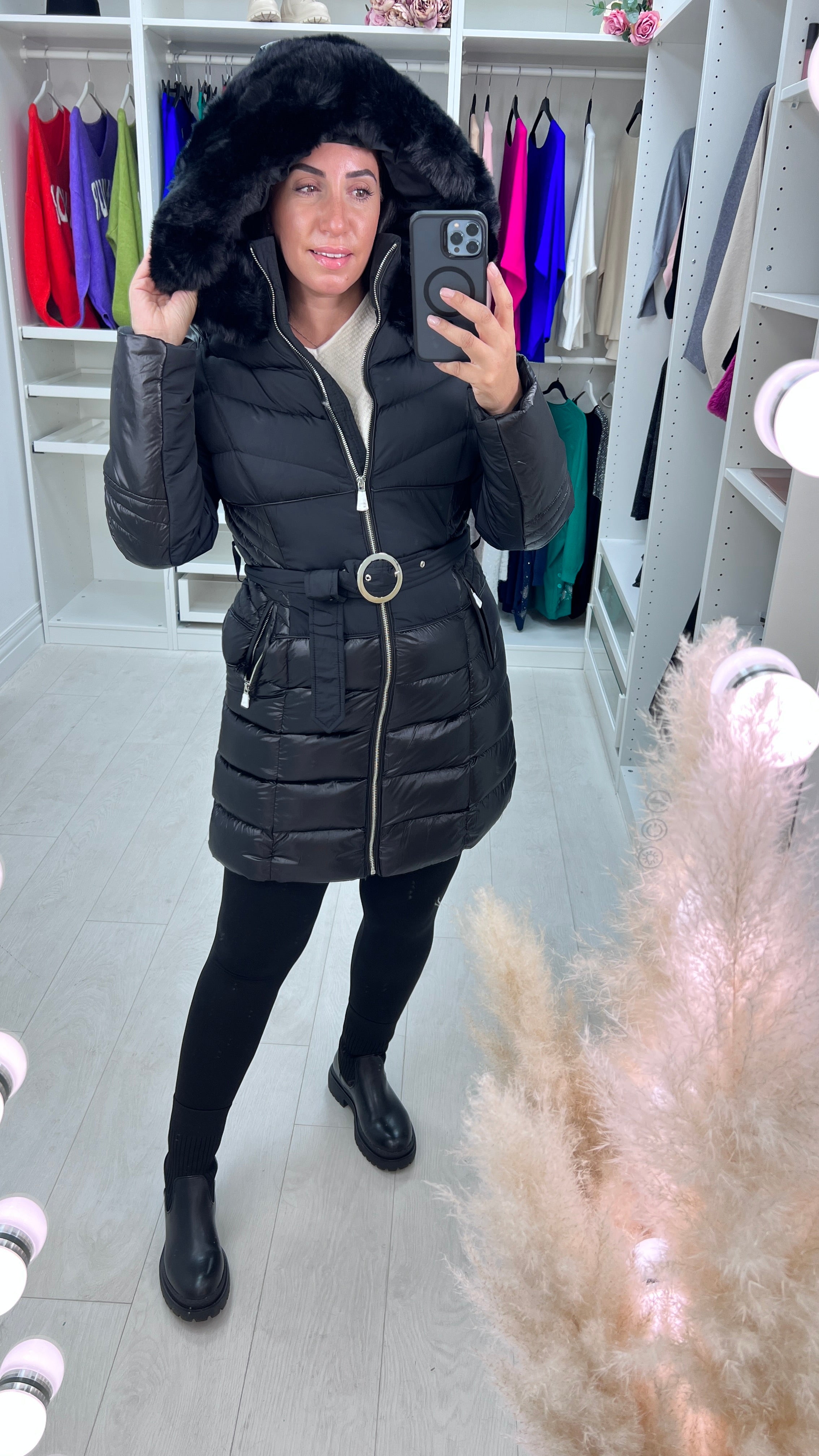 Jabroni Black Faux Fur Hood Belted Coat