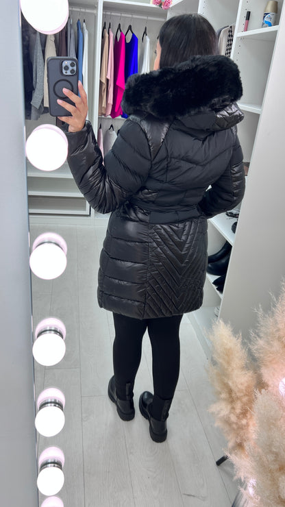 Jabroni Black Faux Fur Hood Belted Coat