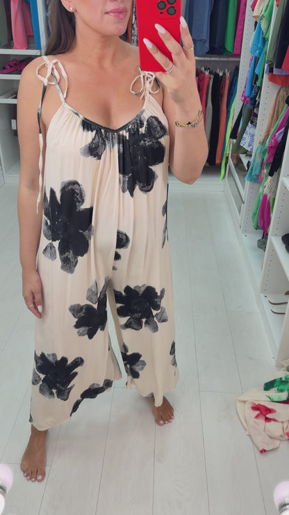 Alida Cream Watercolour Tie shoulder Jumpsuit