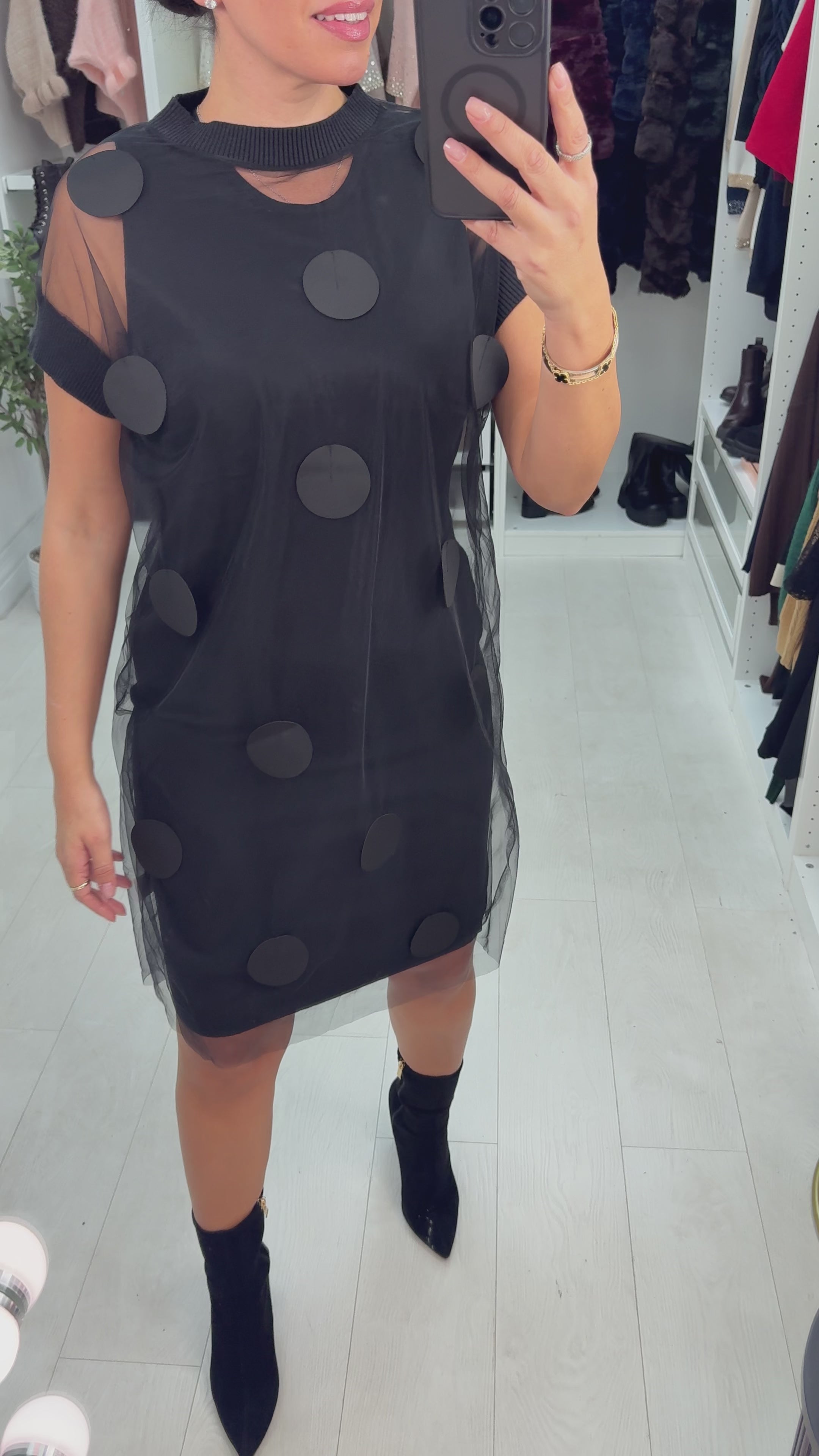 Cammie Polka Dot Mesh Overlay Jumper Dress