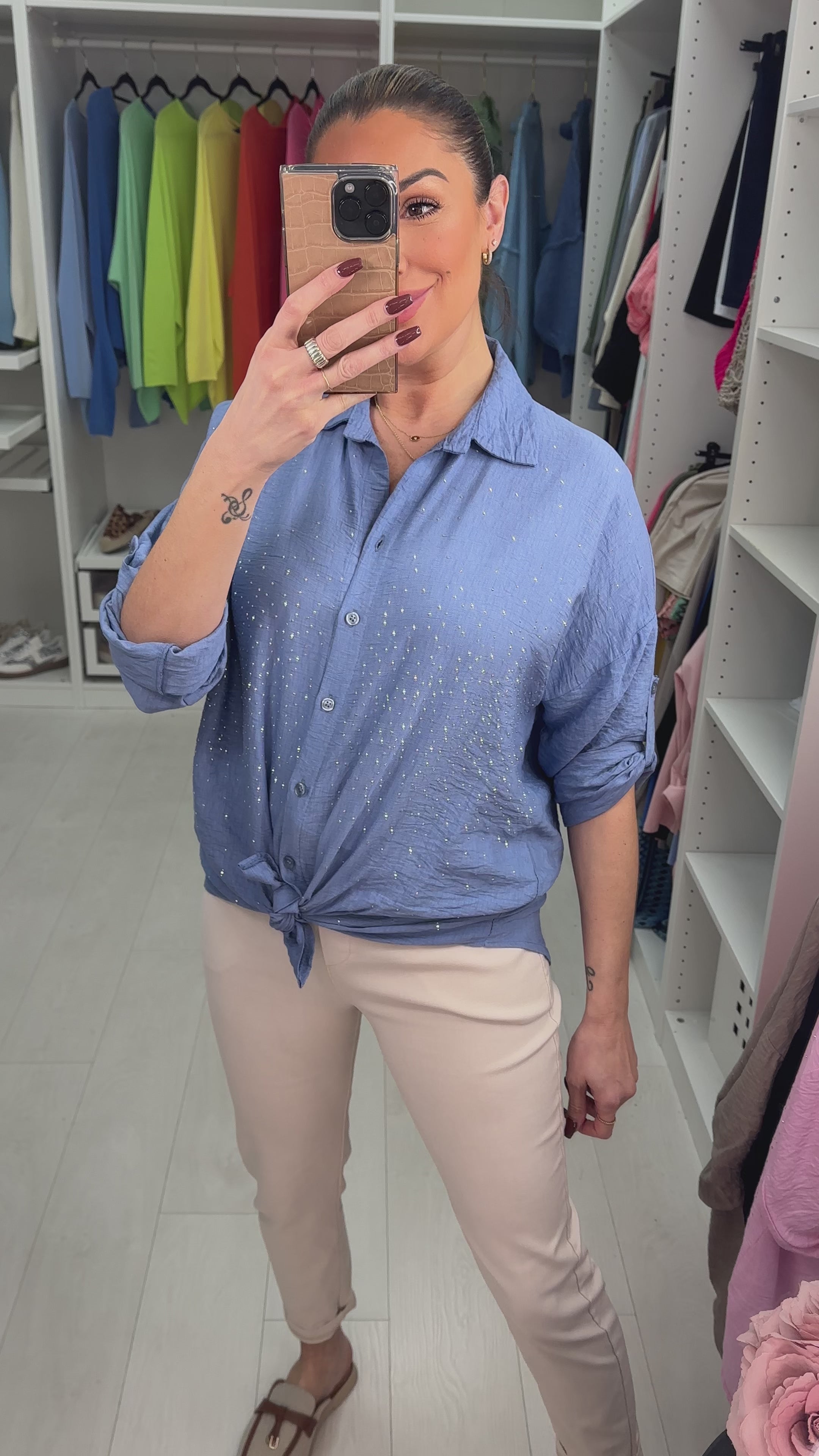 Load video: Melanie Crepe Diamante Detailed Shirt