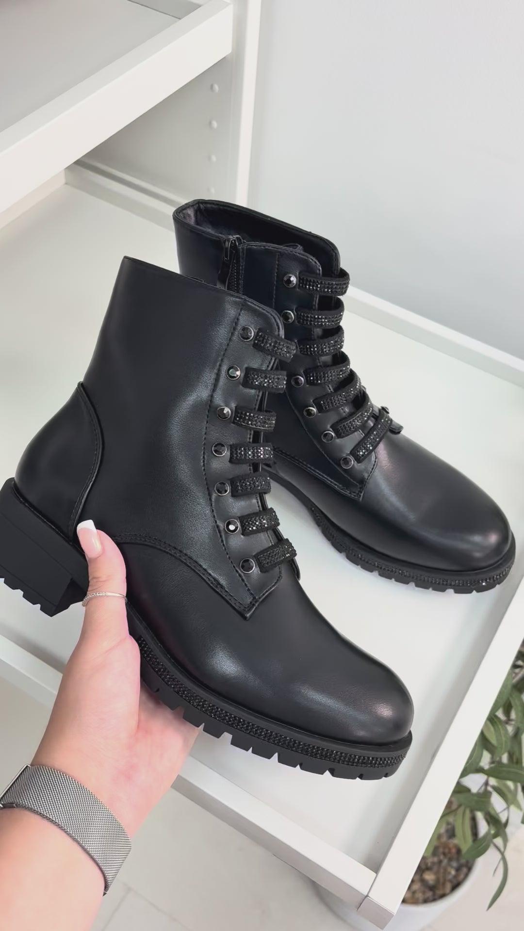 Load video: Jody Faux Leather Diamanté Chunky Biker Boots
