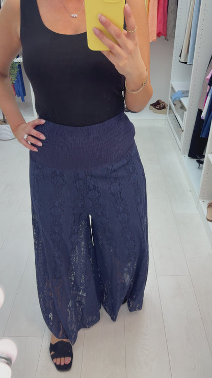 Davina Elasticated Floral Lace Detailed Wide Leg Trousers