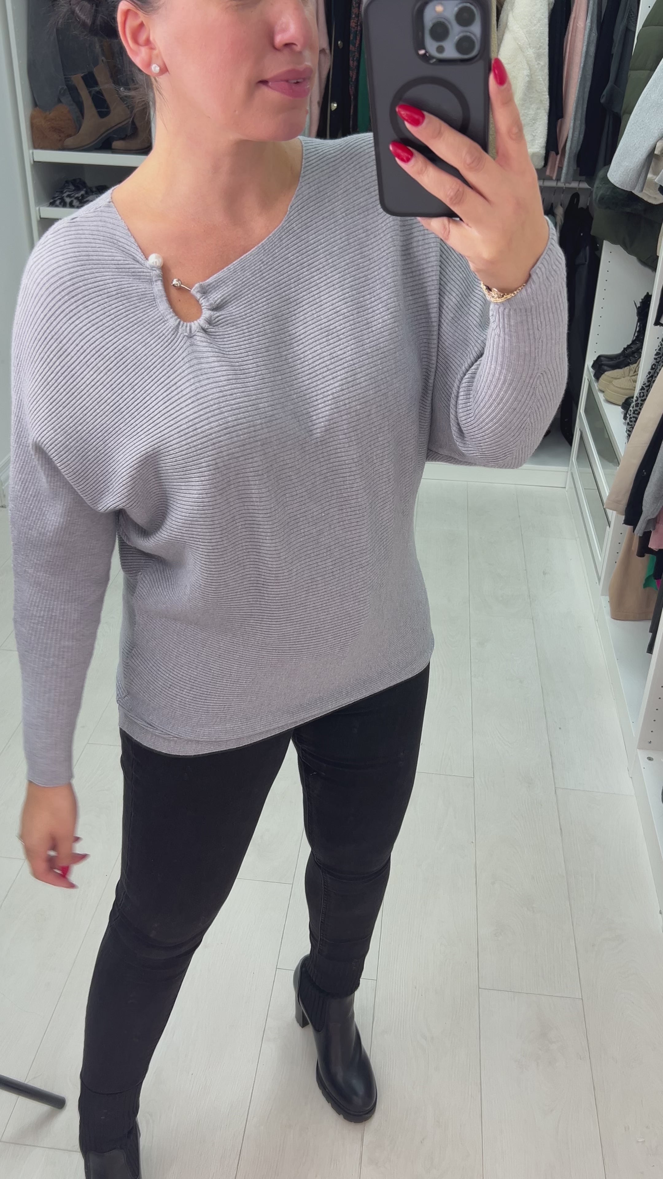 Load video: Monica Metal Pearl Detail Ribbed Jumper