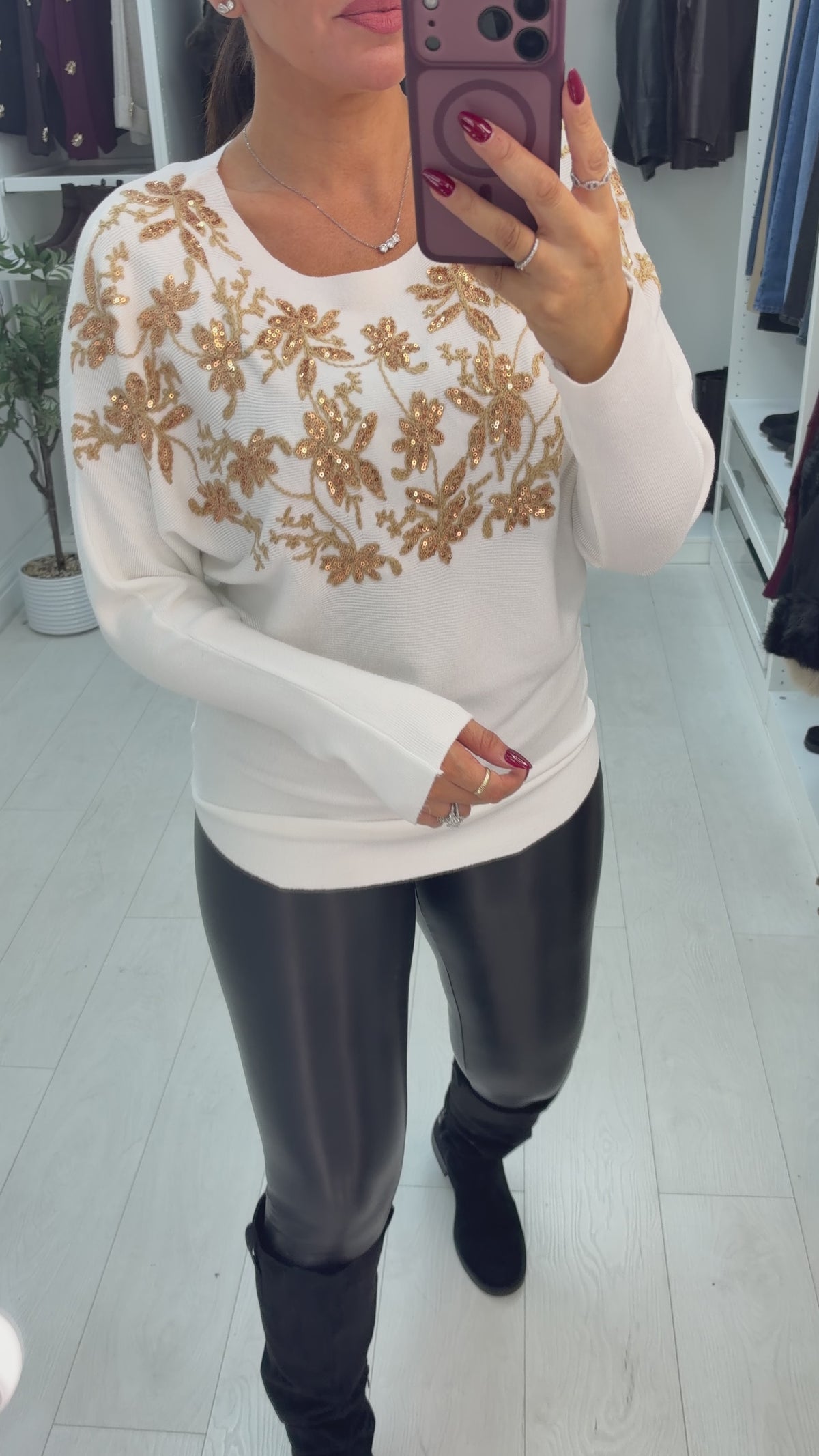 Fabel Floral Embellished Loose Fit Ribbed Jumper