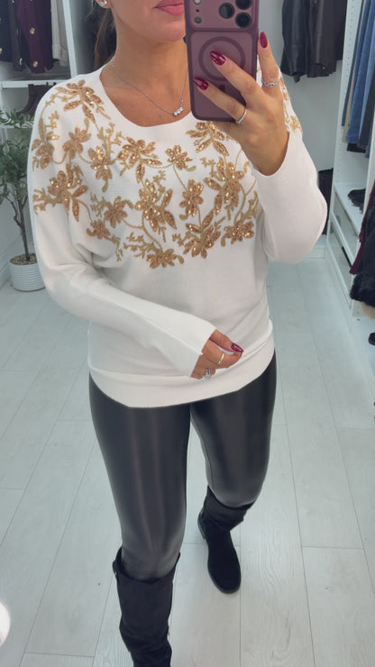 Fabel Floral Embellished Loose Fit Ribbed Jumper