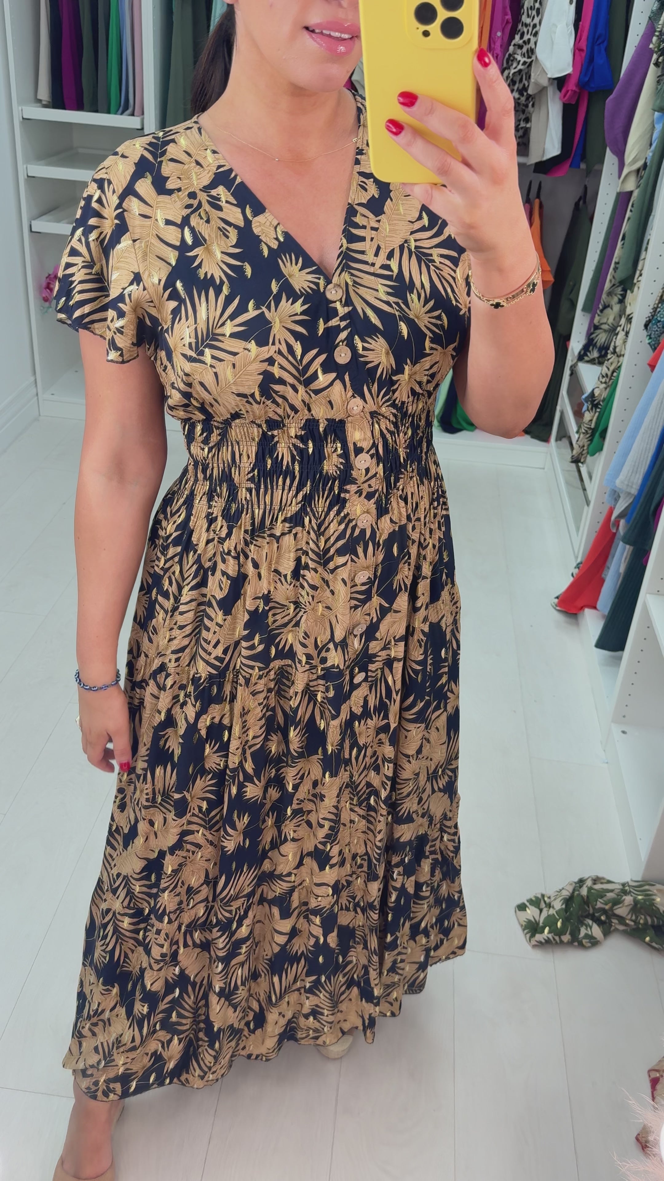 Calypso Frilly Sleeve Leaf Print Dress