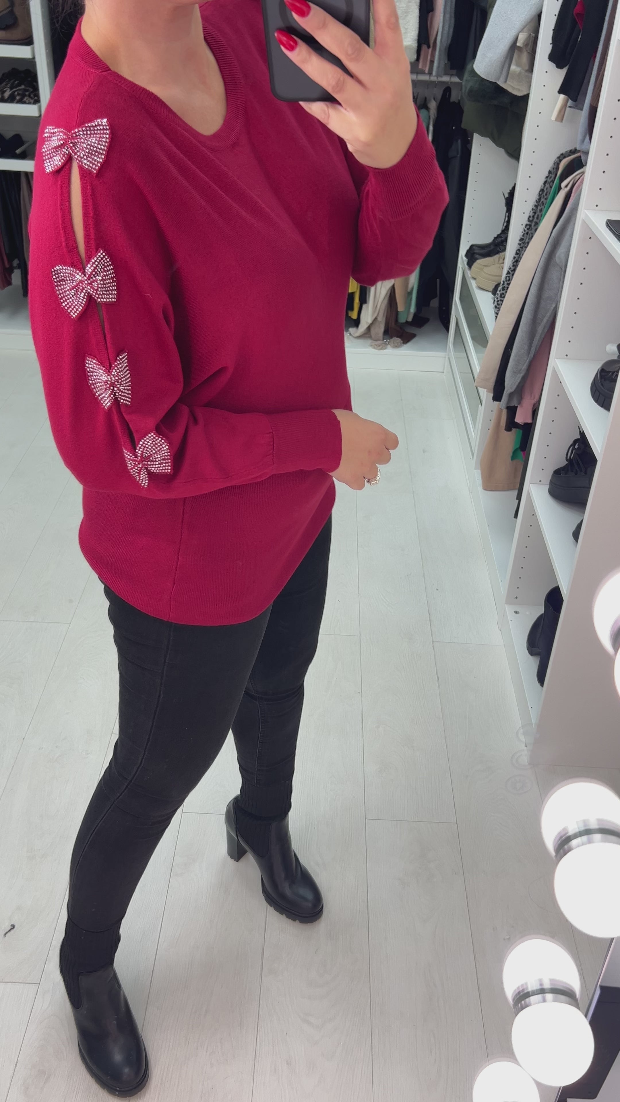 Rizz Diamante Bow Sleeve Detailed Knit Jumper