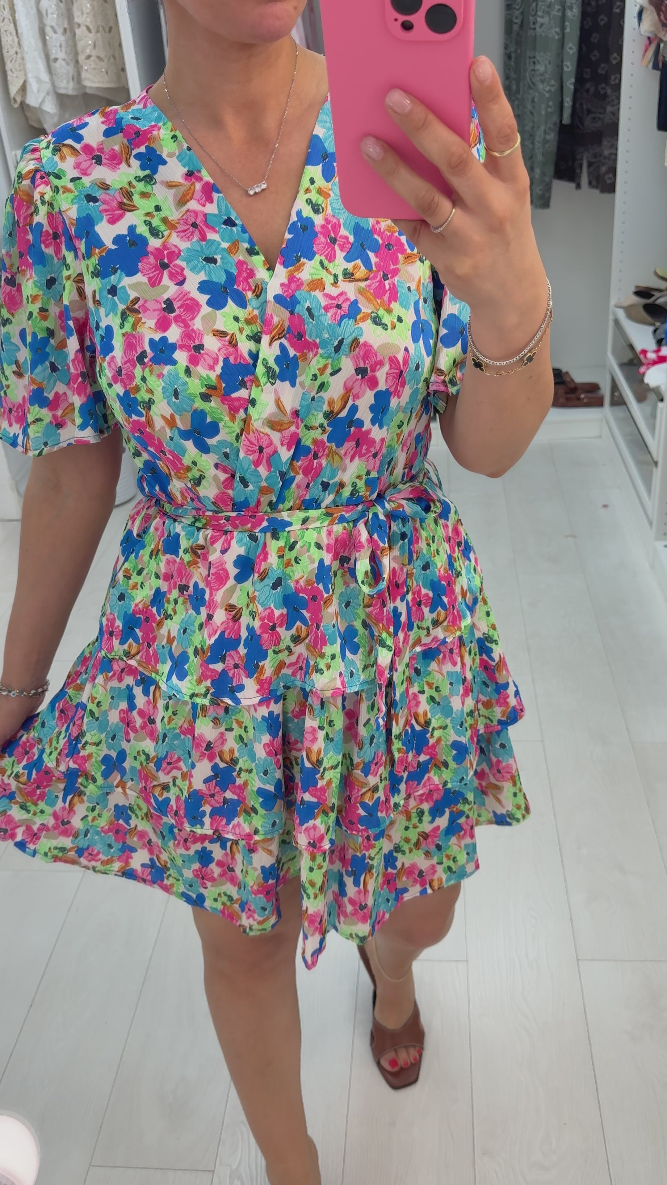 Tolia Floral Print V Neck Ruffle Midi Dress