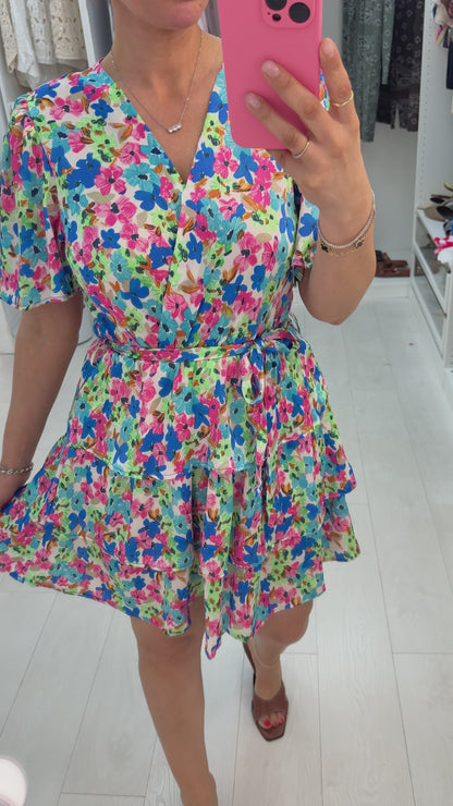 Tolia Floral Print V Neck Ruffle Midi Dress