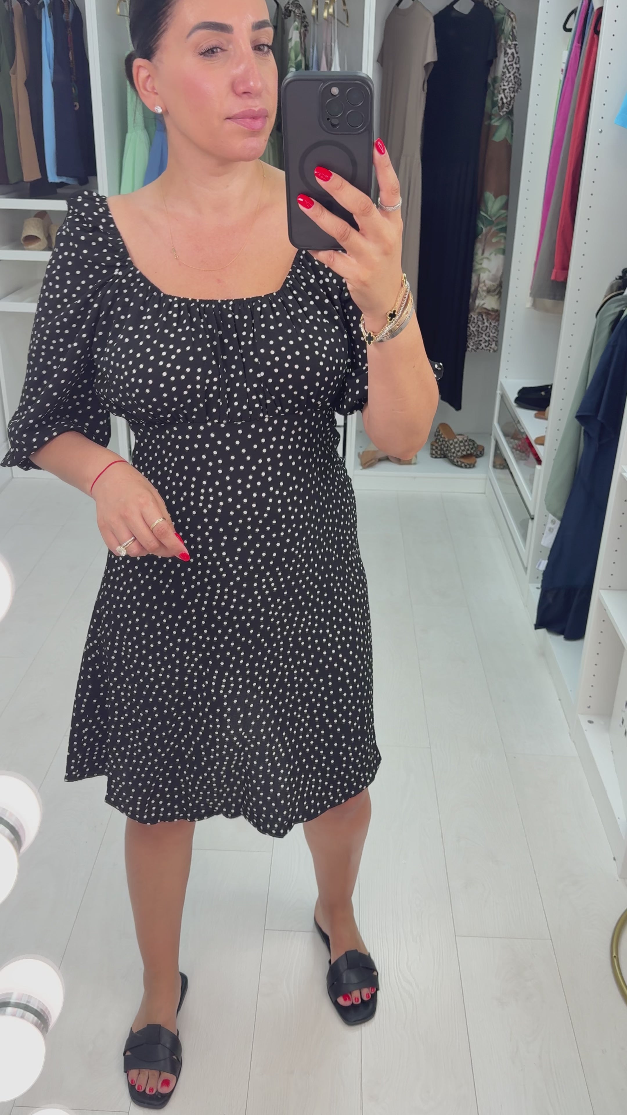 Load video: Zayde Black Polka Dot Babydoll Dress