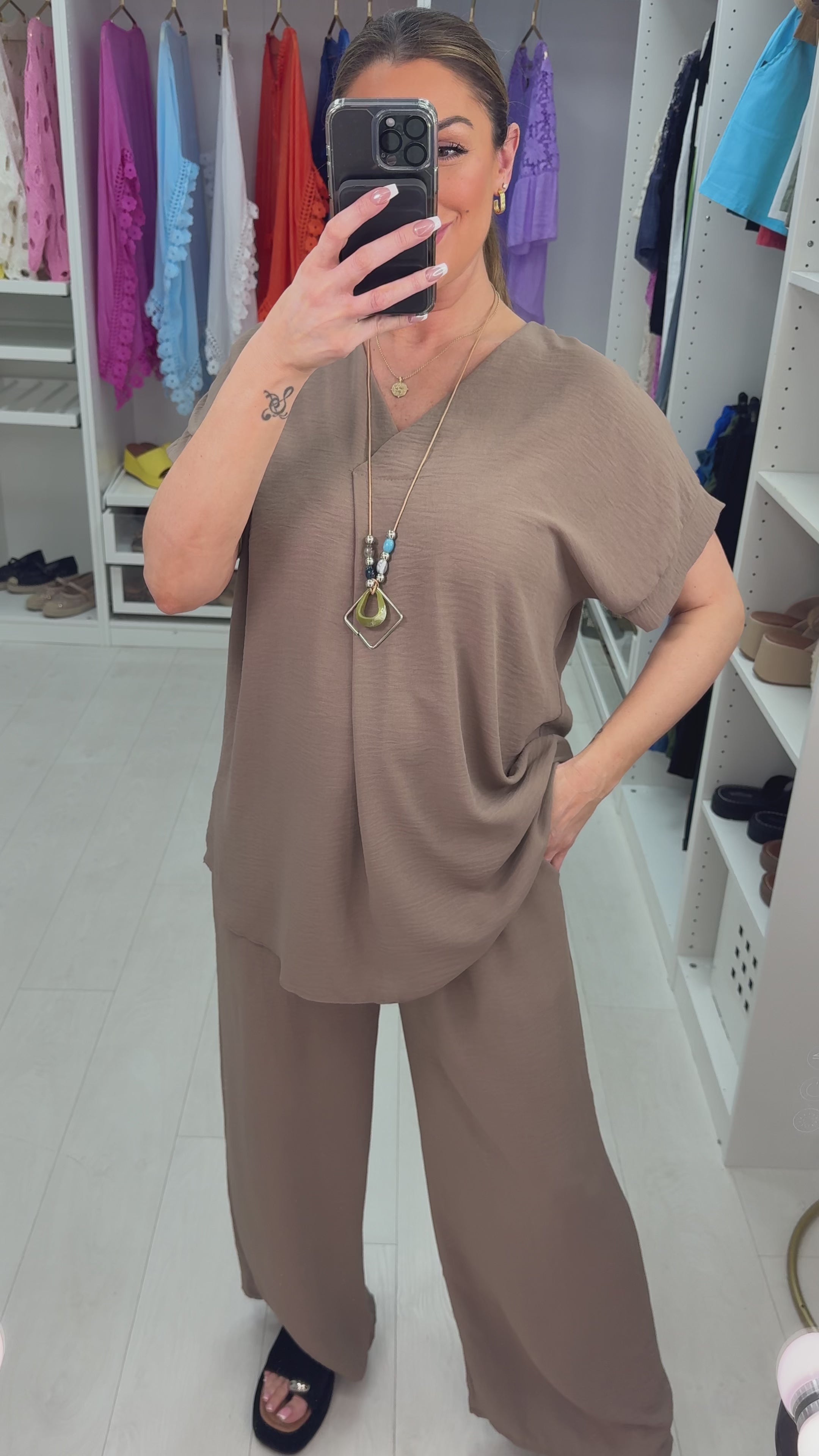 Latisha Plain V Neck Loose Fit Crepe Co-Ord Set