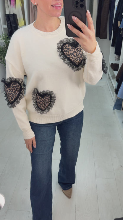 Simmy Leopard Print Lace Heart Detailed Jumper