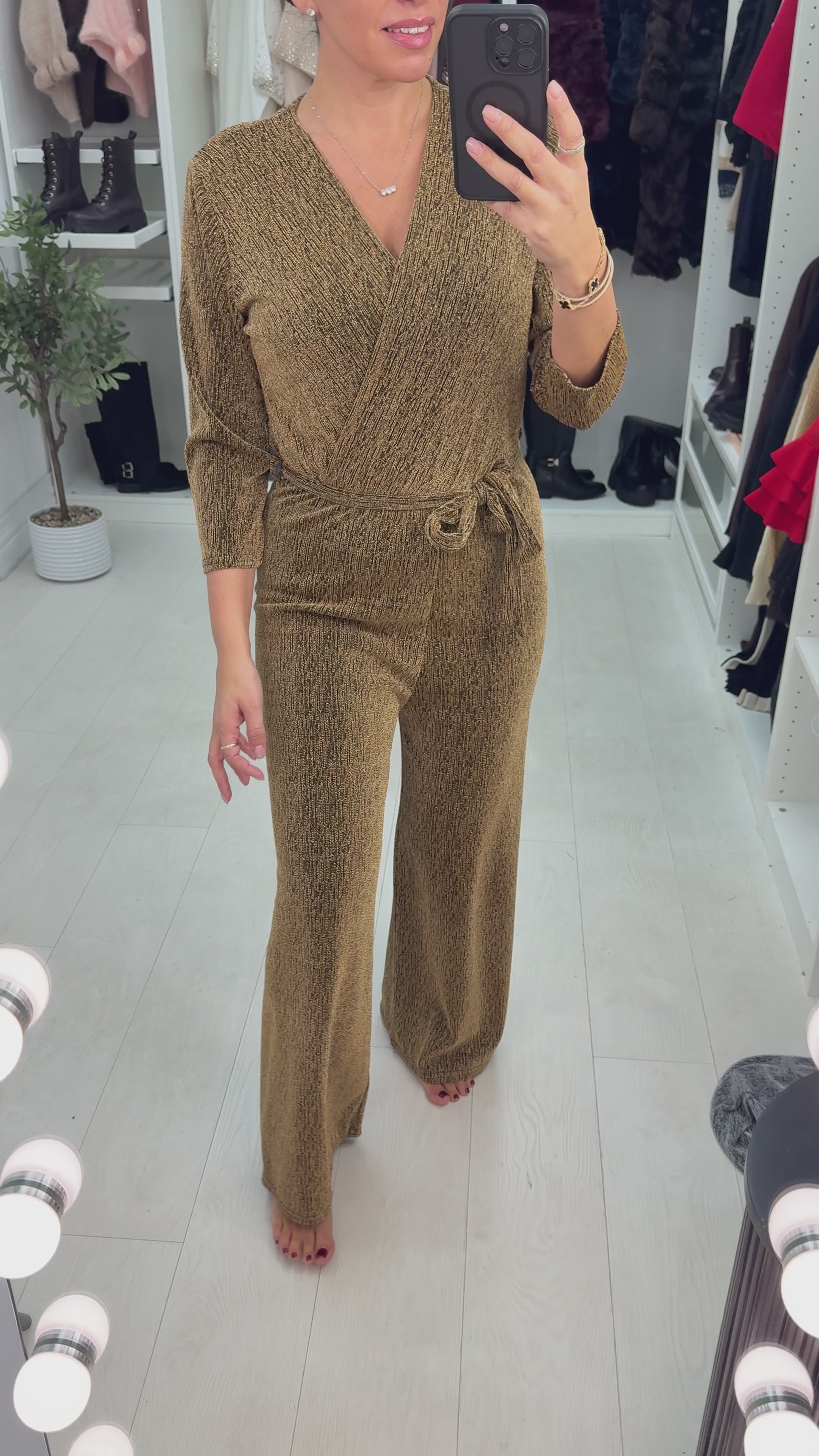 Load video: Bessie Lurex Tie Waist Wide Leg Jumpsuit