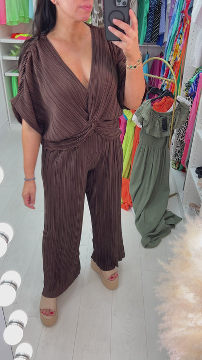 Lunah Twist Front Plisse Top & Wide Leg Trouser Set