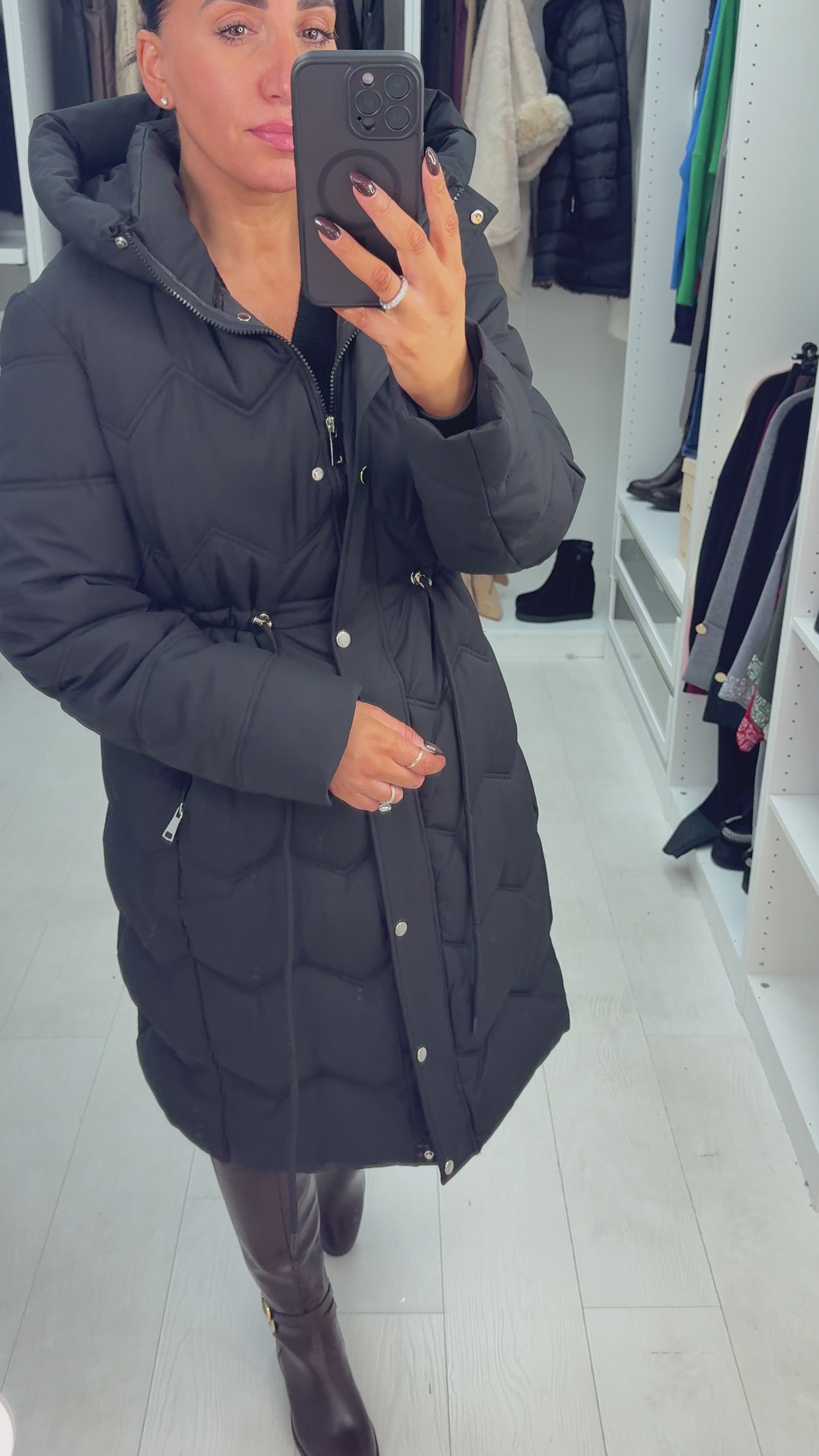 Load video: Alexandria Toggle Waist Hooded Longline Coat