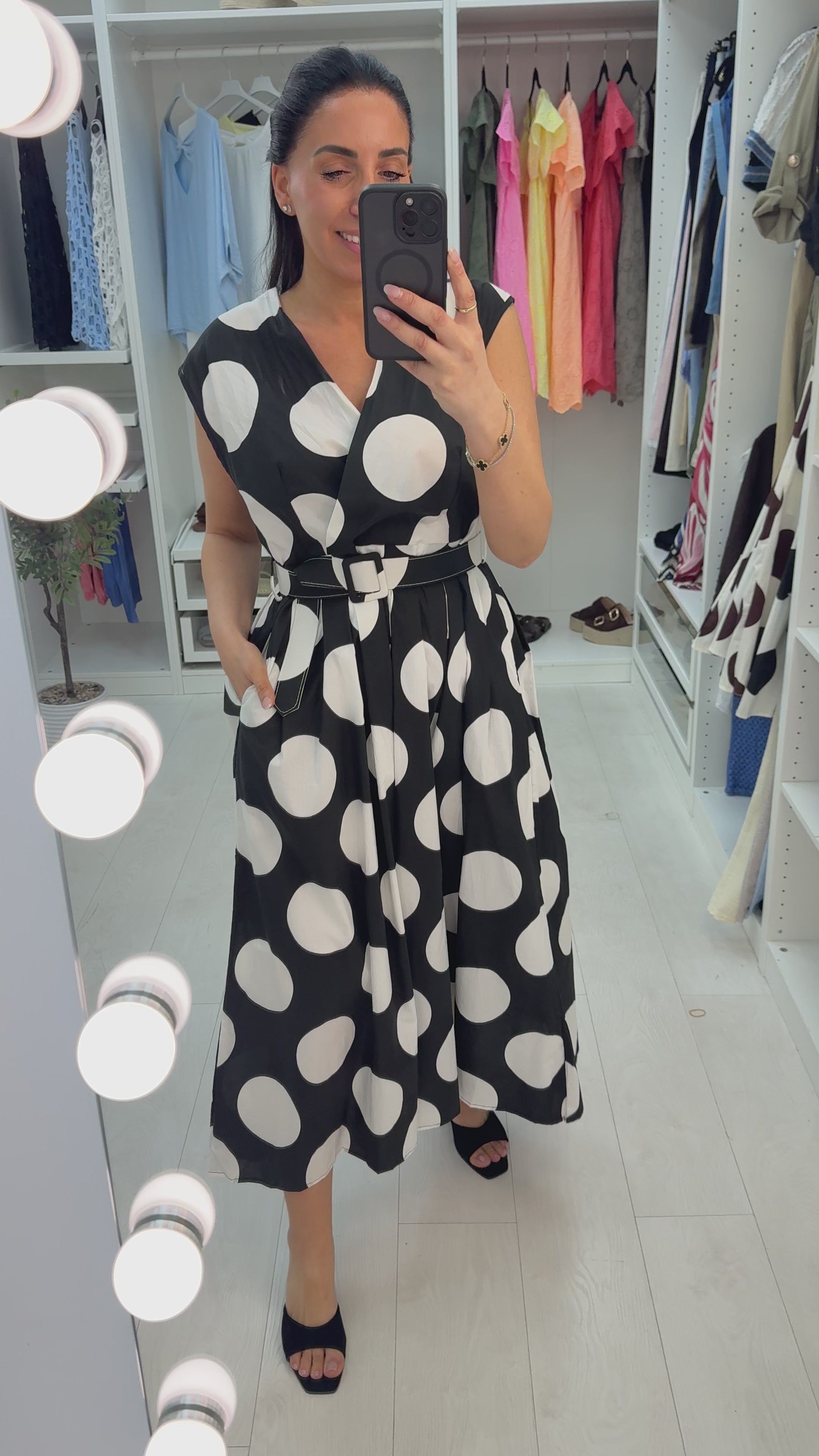 Jarna Polka Dot V Neck Belted Maxi Dress