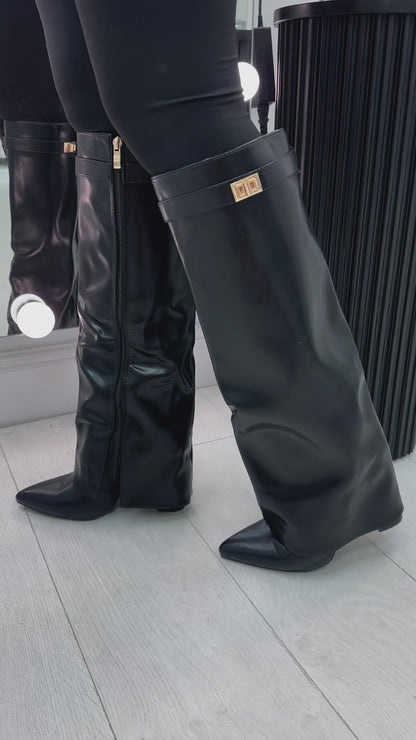 Anya Lock Detail Knee High Heeled Boot