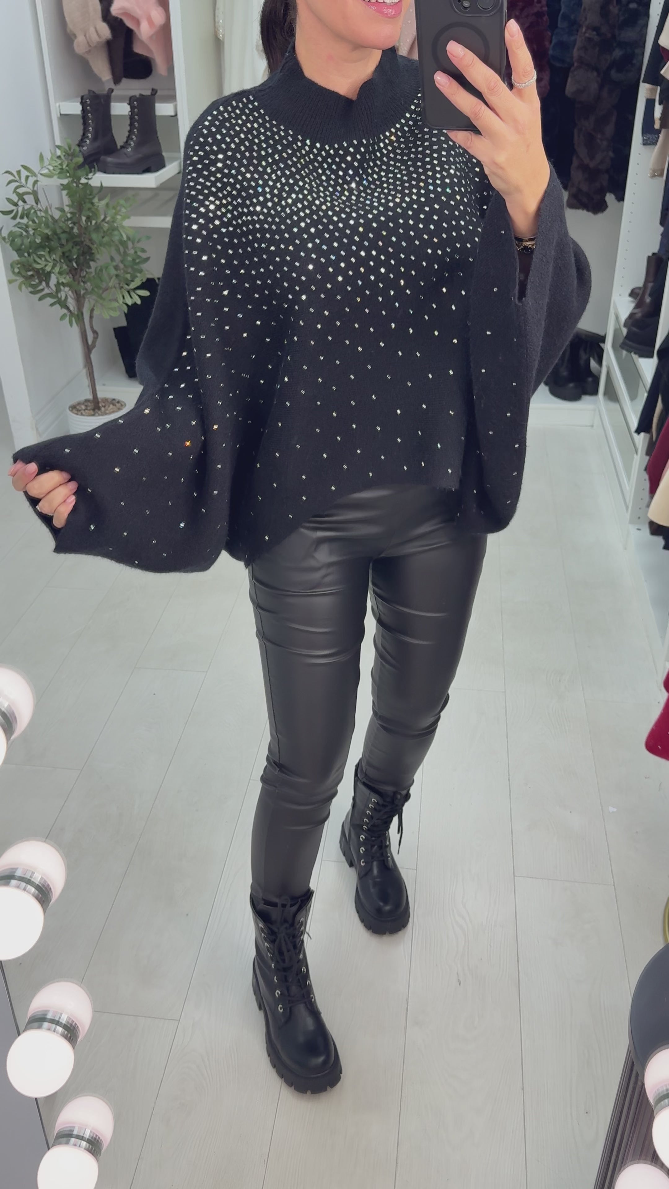 Load video: Vanya Embellished Batwing Sleeve High Neck Jumper