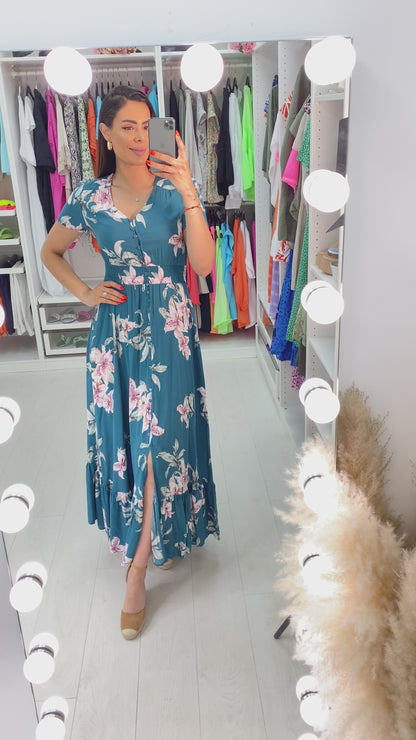 Doreen Teal Lily Print Ruffle Hem Maxi Dress