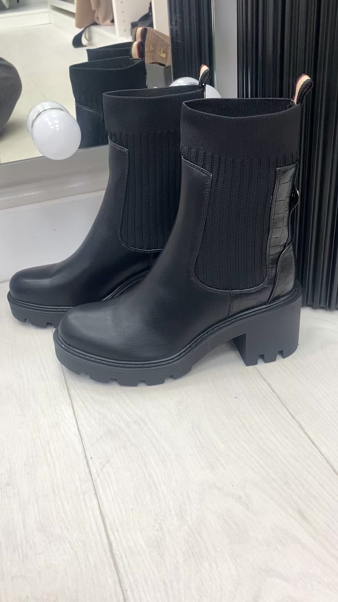 Load video: Marco Black Faux Leather Ribbed Sock Boots