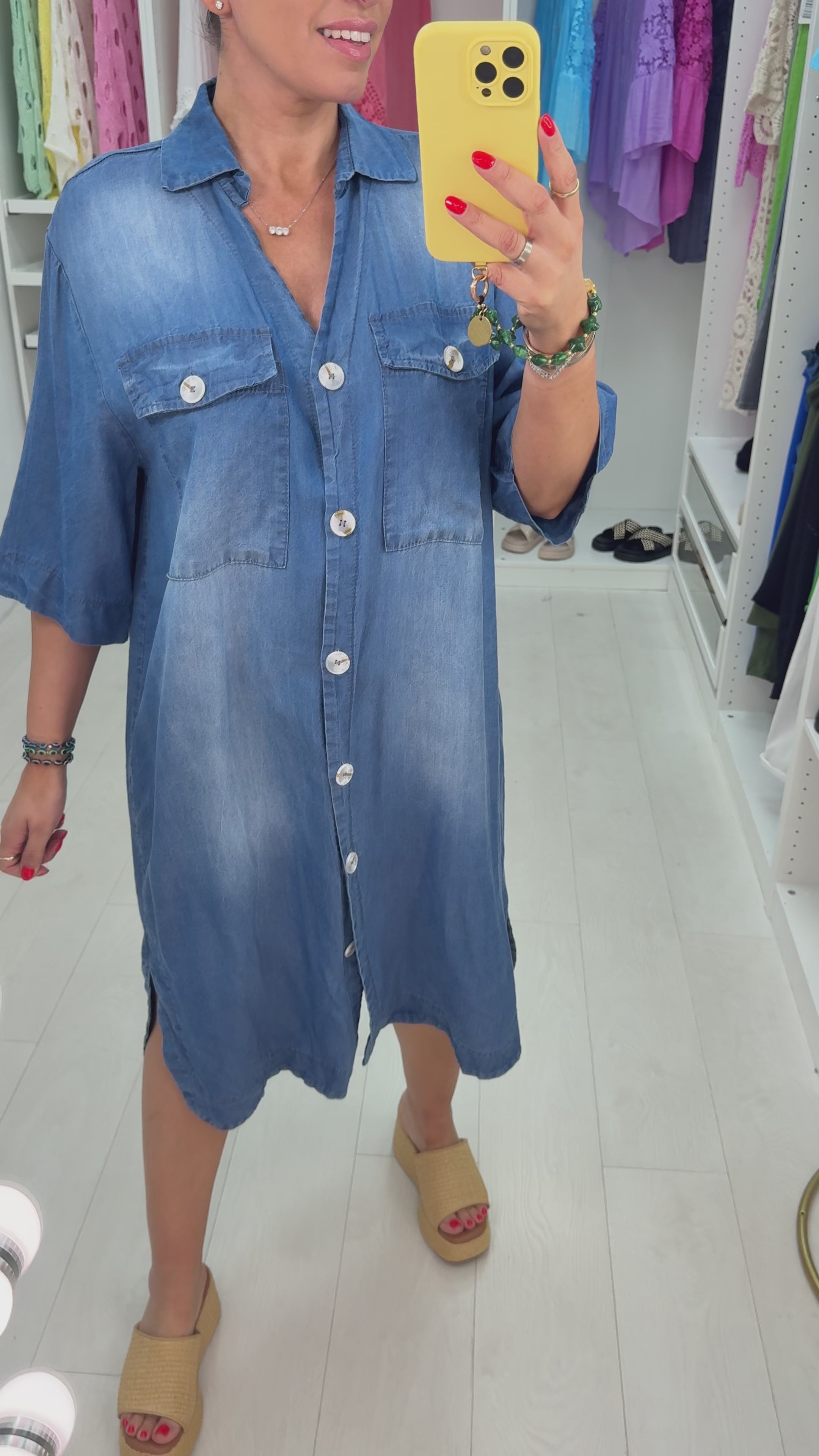 Load video: Kayley Denim Button Front Loose Fit Maxi Shirt Dress