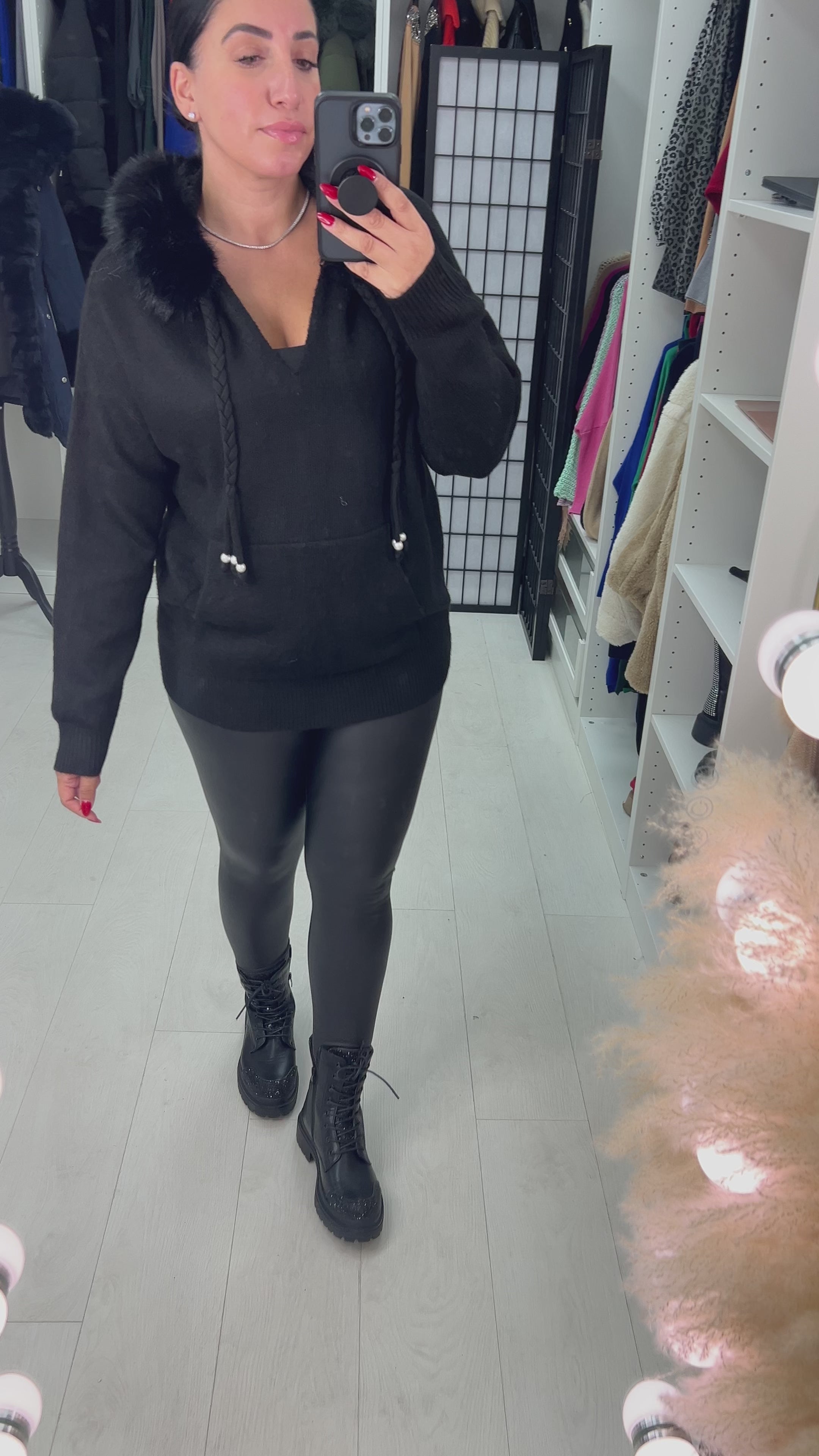 Load video: Arita Faux Fur Trim Hoodie Jumper