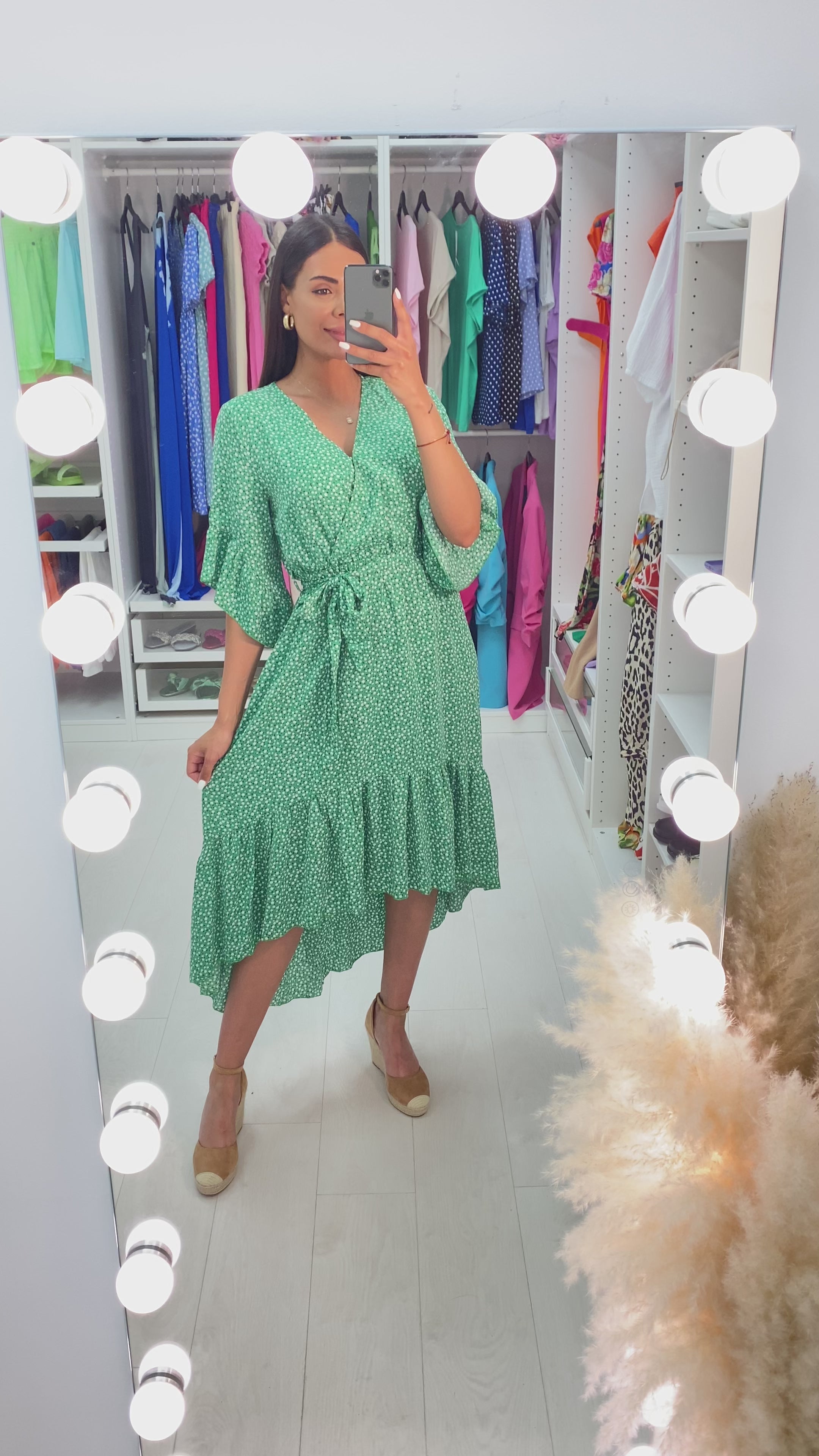 Jia Emerald Ditsy Print Ruffle Dip Hem Dress