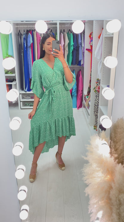 Jia Emerald Ditsy Print Ruffle Dip Hem Dress