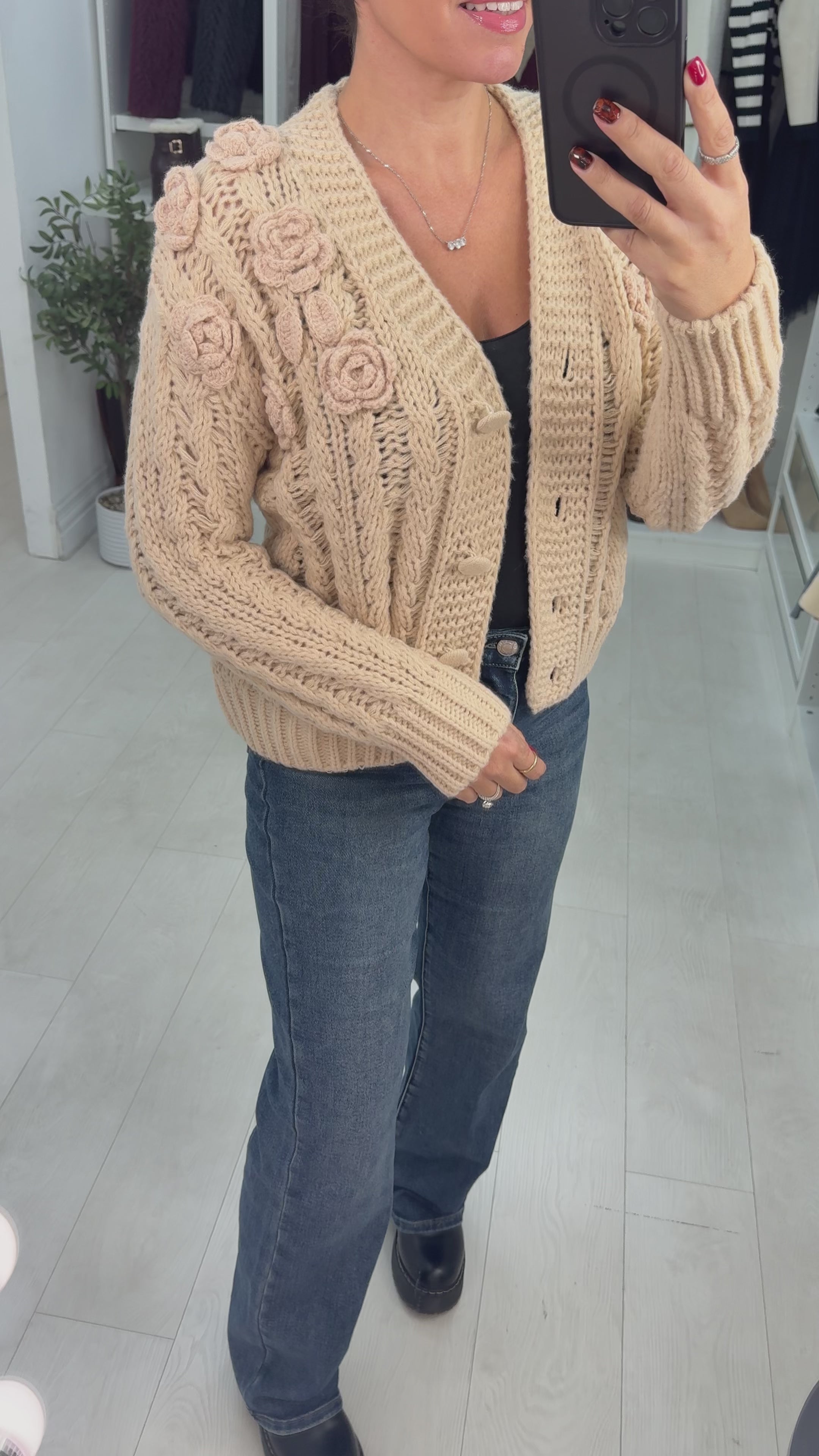 Load video: Lucy Chunky Floral Knitted Cardigan