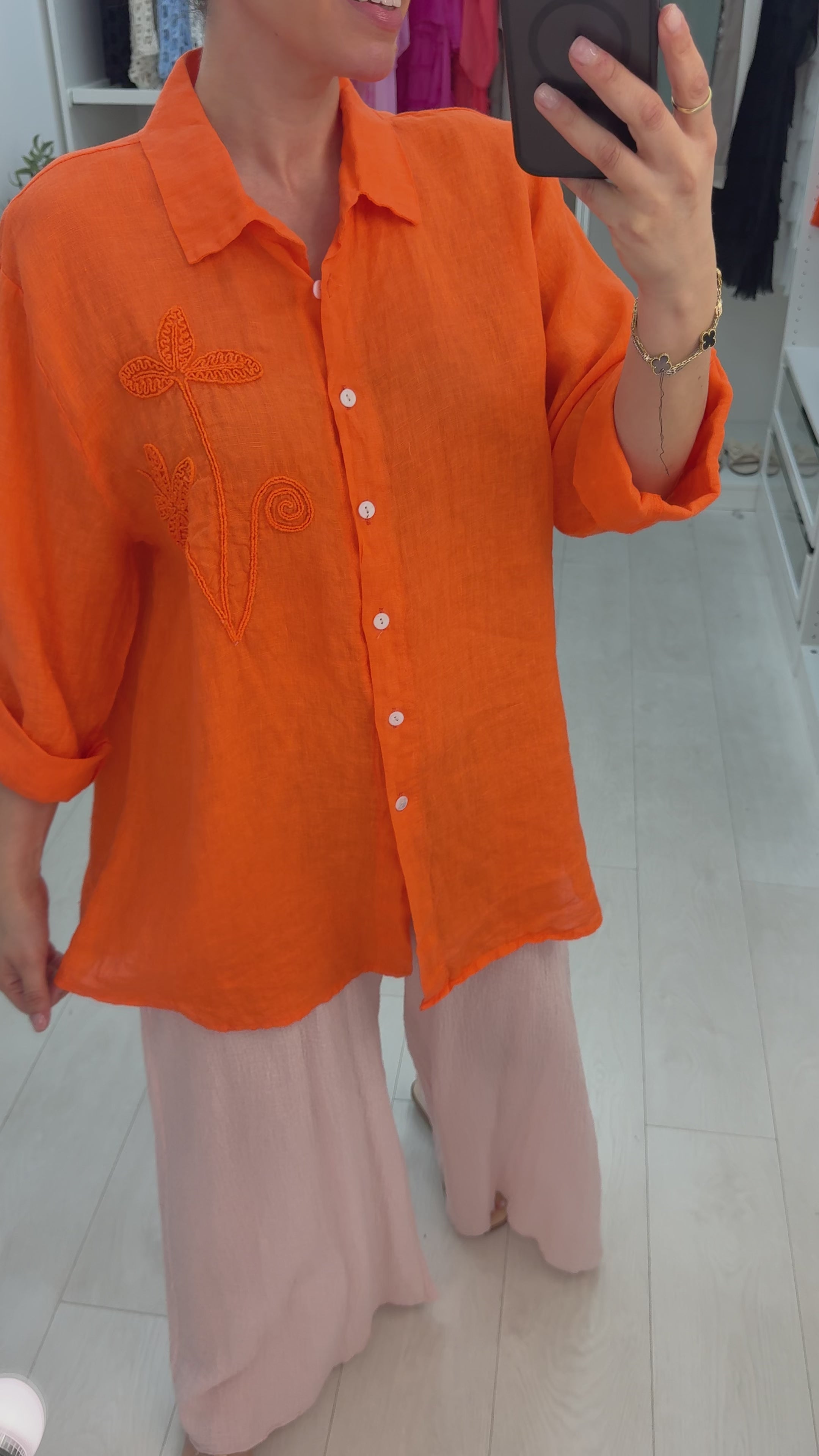 Load video: Avira Plain Embroidered Detail Dipped Hem Linen Shirt