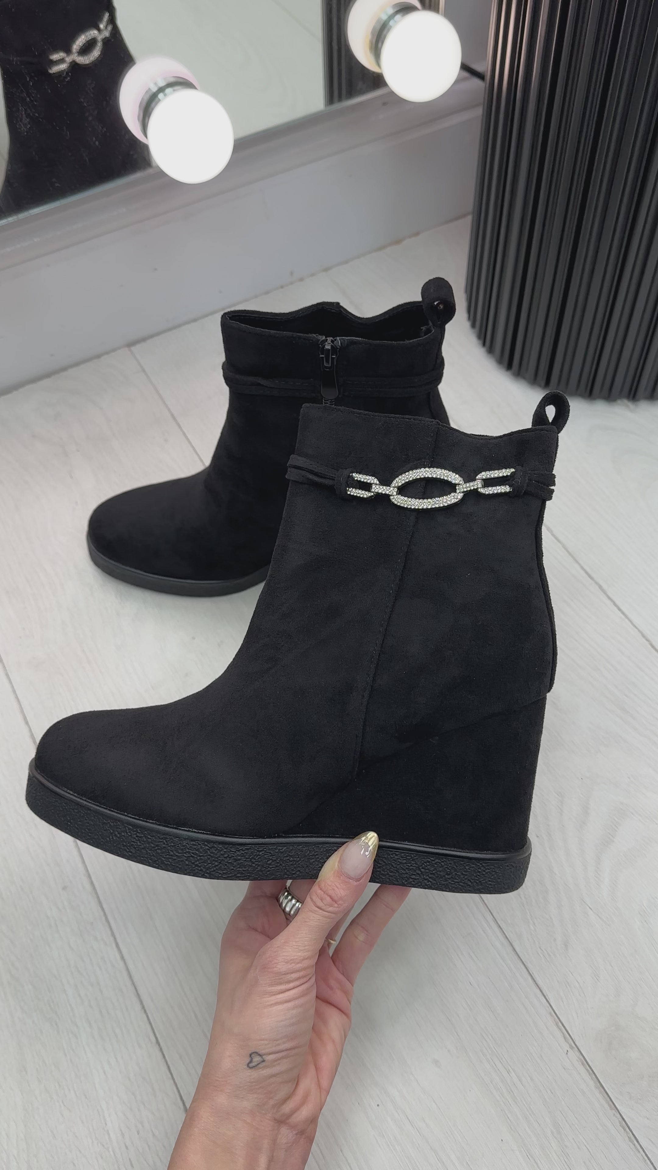 Load video: Alixia Faux Suede Diamante Detailed Wedge Boots