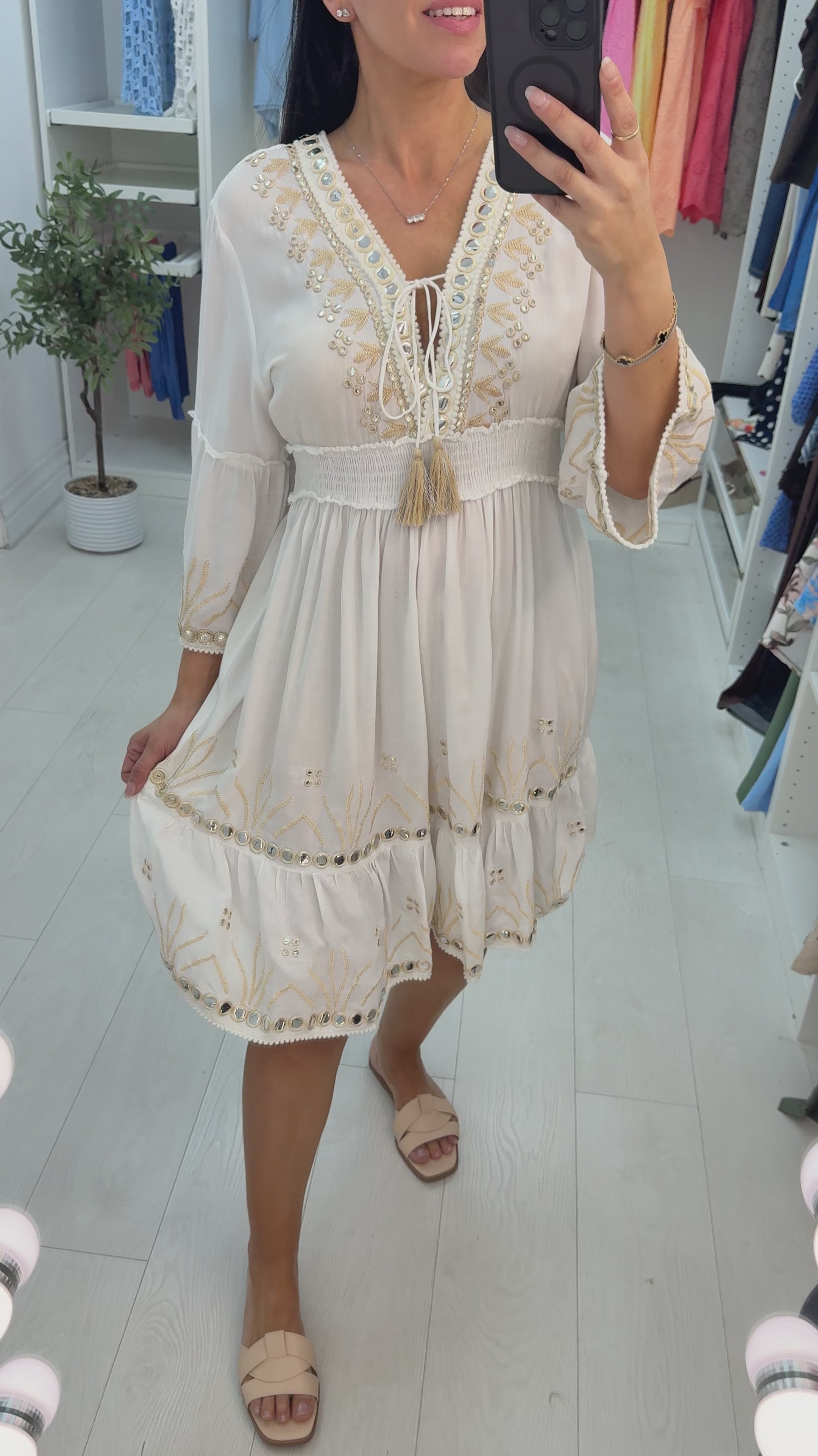 Load video: Quinta Embellished V Neck Shirred Waist Midi Dress
