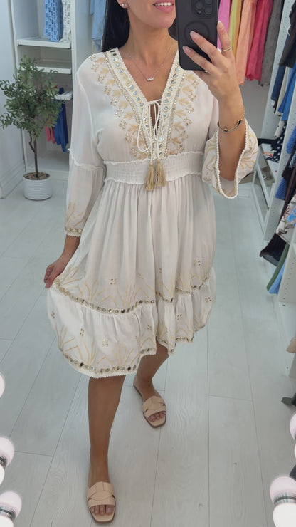 Quinta Embellished V Neck Shirred Waist Midi Dress