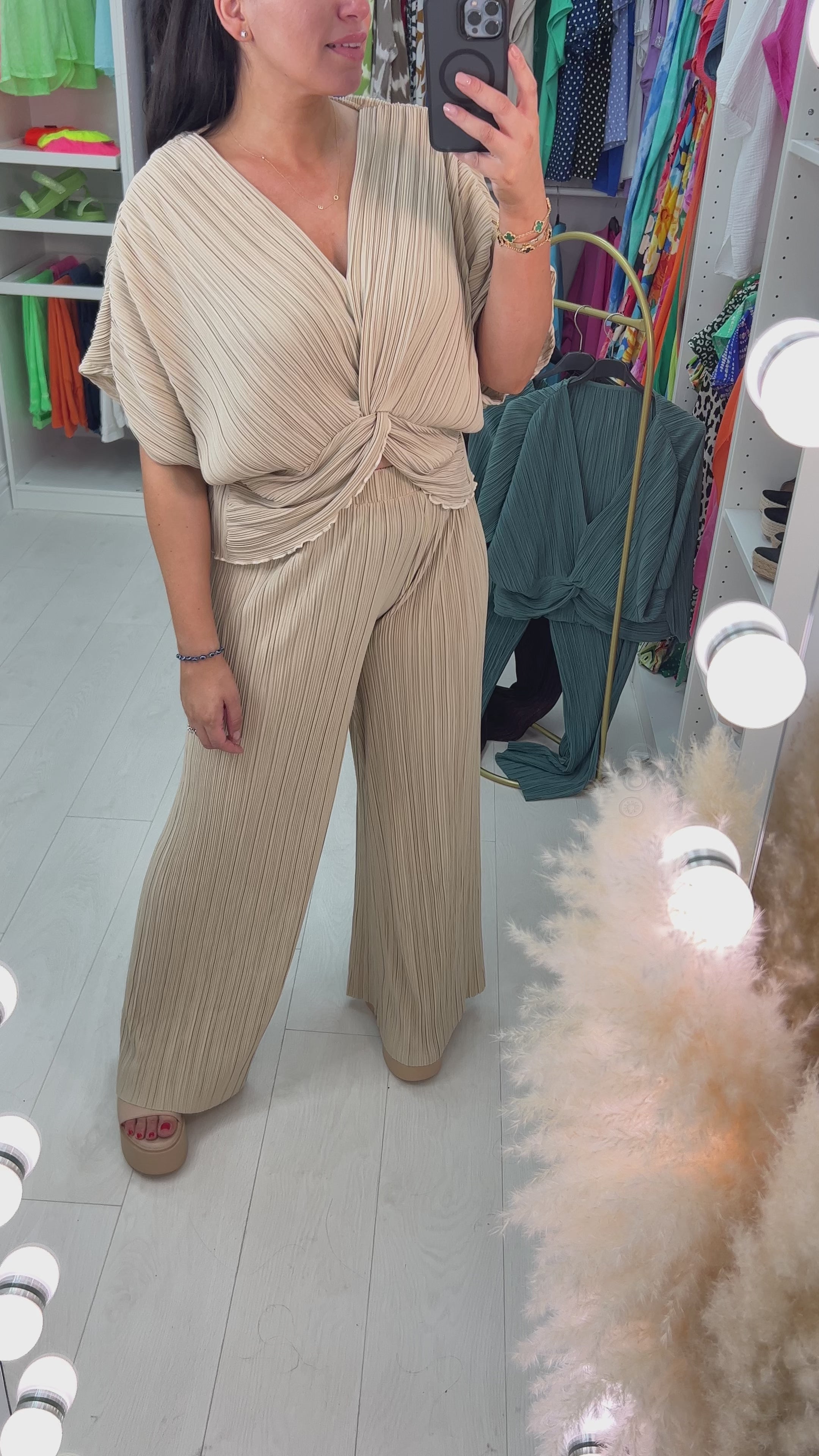 Lunah Twist Front Plisse Top & Wide Leg Trouser Set