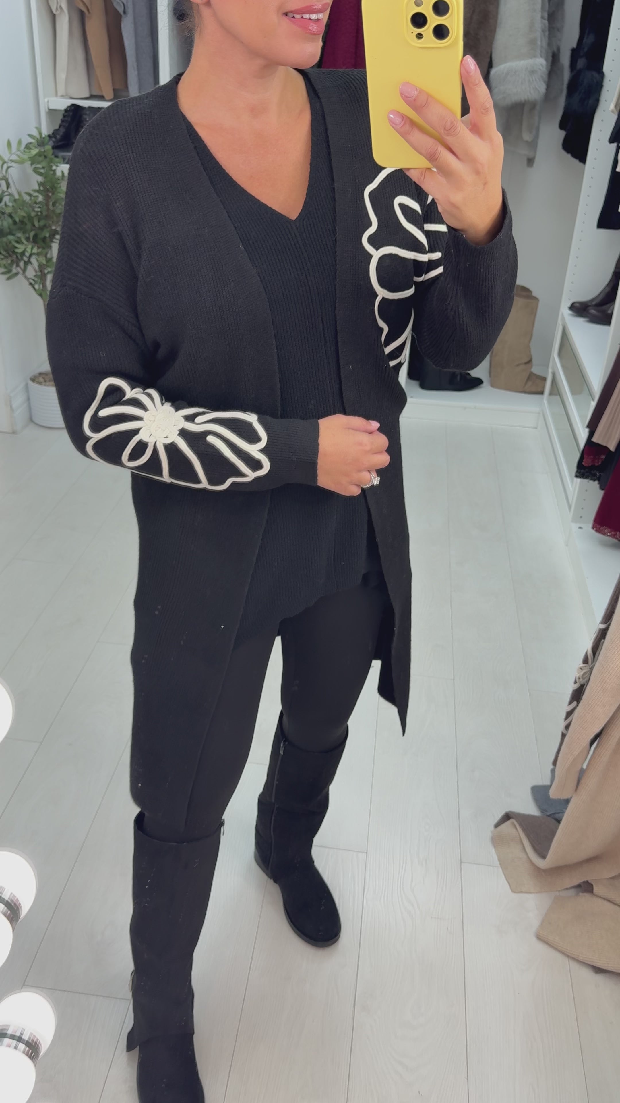 Load video: Grace Embroidered Flower Detail Longline Cardigan